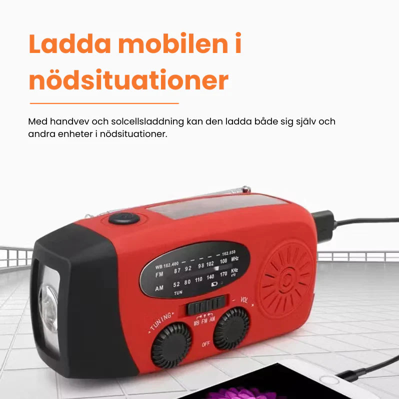 Fyndor Nödradio™ |2000 mAh inbyggd Powerbank, Ficklampa och Solceller