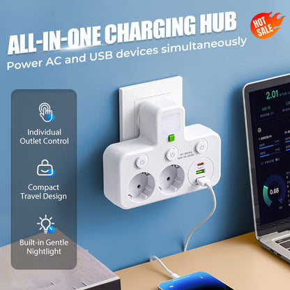 SmartPlug All-in-1 (USB + Nattlampa) – Individuella Strömbrytare & Resvänlig: Ladda Flera Enheter Samtidigt!