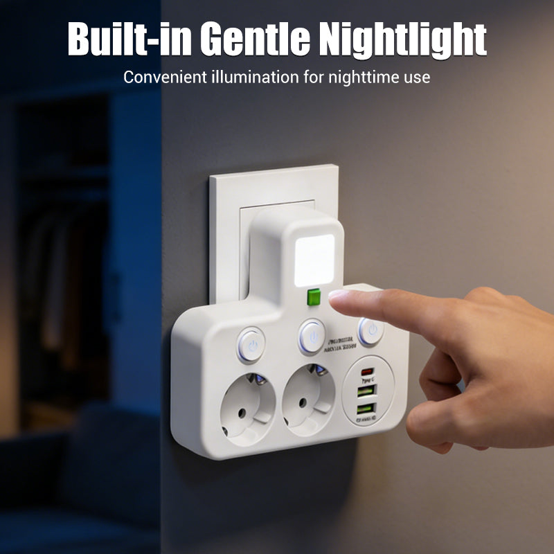 SmartPlug All-in-1 (USB + Nattlampa) – Individuella Strömbrytare & Resvänlig: Ladda Flera Enheter Samtidigt!