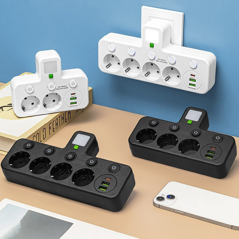 SmartPlug All-in-1 (USB + Nattlampa) – Individuella Strömbrytare & Resvänlig: Ladda Flera Enheter Samtidigt!