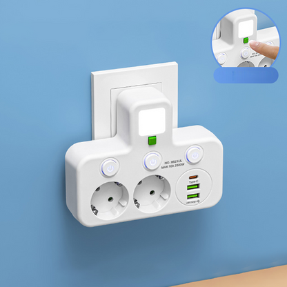 SmartPlug All-in-1 (USB + Nattlampa) – Individuella Strömbrytare & Resvänlig: Ladda Flera Enheter Samtidigt!