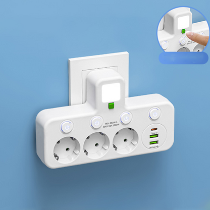 SmartPlug All-in-1 (USB + Nattlampa) – Individuella Strömbrytare & Resvänlig: Ladda Flera Enheter Samtidigt!