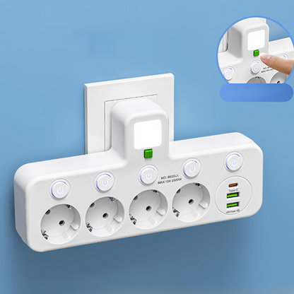 SmartPlug All-in-1 (USB + Nattlampa) – Individuella Strömbrytare & Resvänlig: Ladda Flera Enheter Samtidigt!