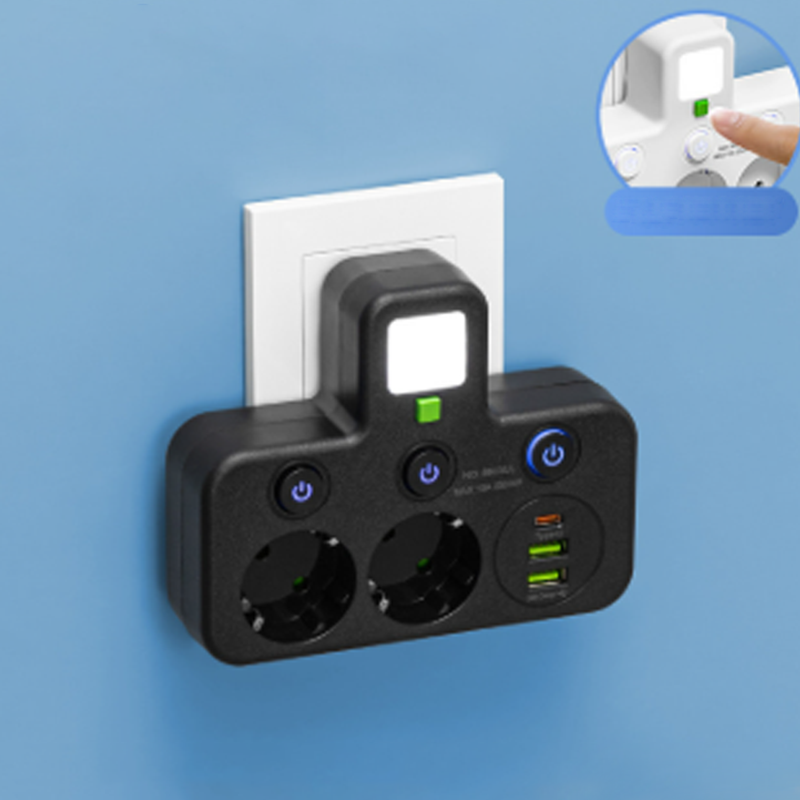 SmartPlug All-in-1 (USB + Nattlampa) – Individuella Strömbrytare & Resvänlig: Ladda Flera Enheter Samtidigt!
