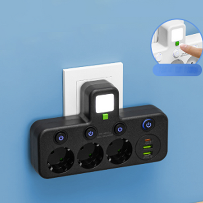 SmartPlug All-in-1 (USB + Nattlampa) – Individuella Strömbrytare & Resvänlig: Ladda Flera Enheter Samtidigt!