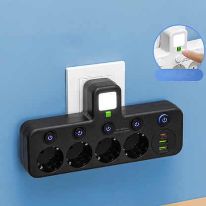 SmartPlug All-in-1 (USB + Nattlampa) – Individuella Strömbrytare & Resvänlig: Ladda Flera Enheter Samtidigt!